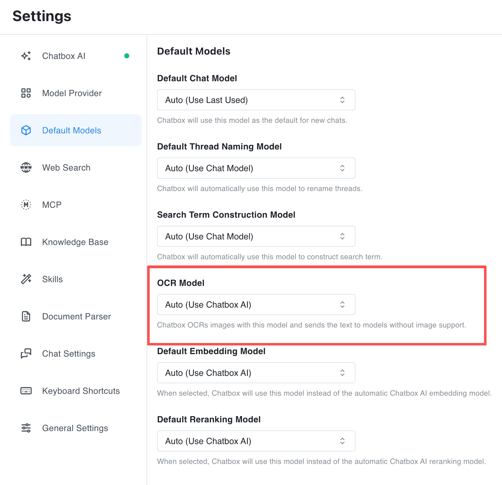 OCR model settings location (Desktop)